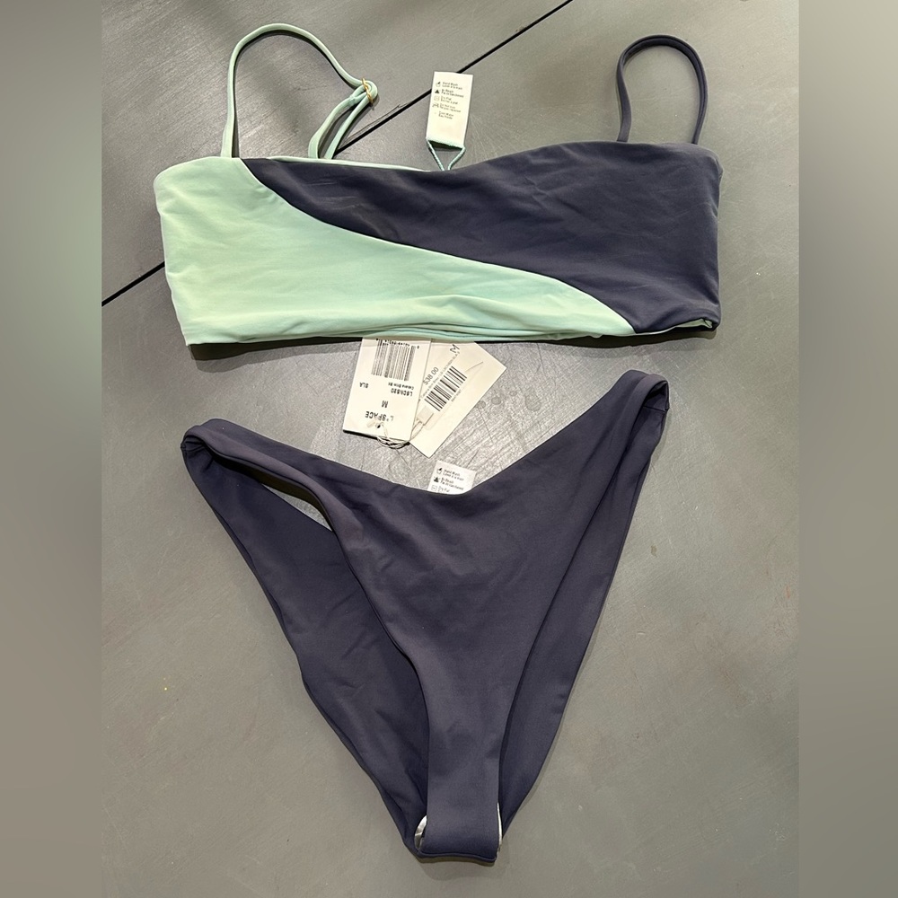 L Space md bitsy cut bikini bottom, lg bandeau top reversible spare blue mint gr